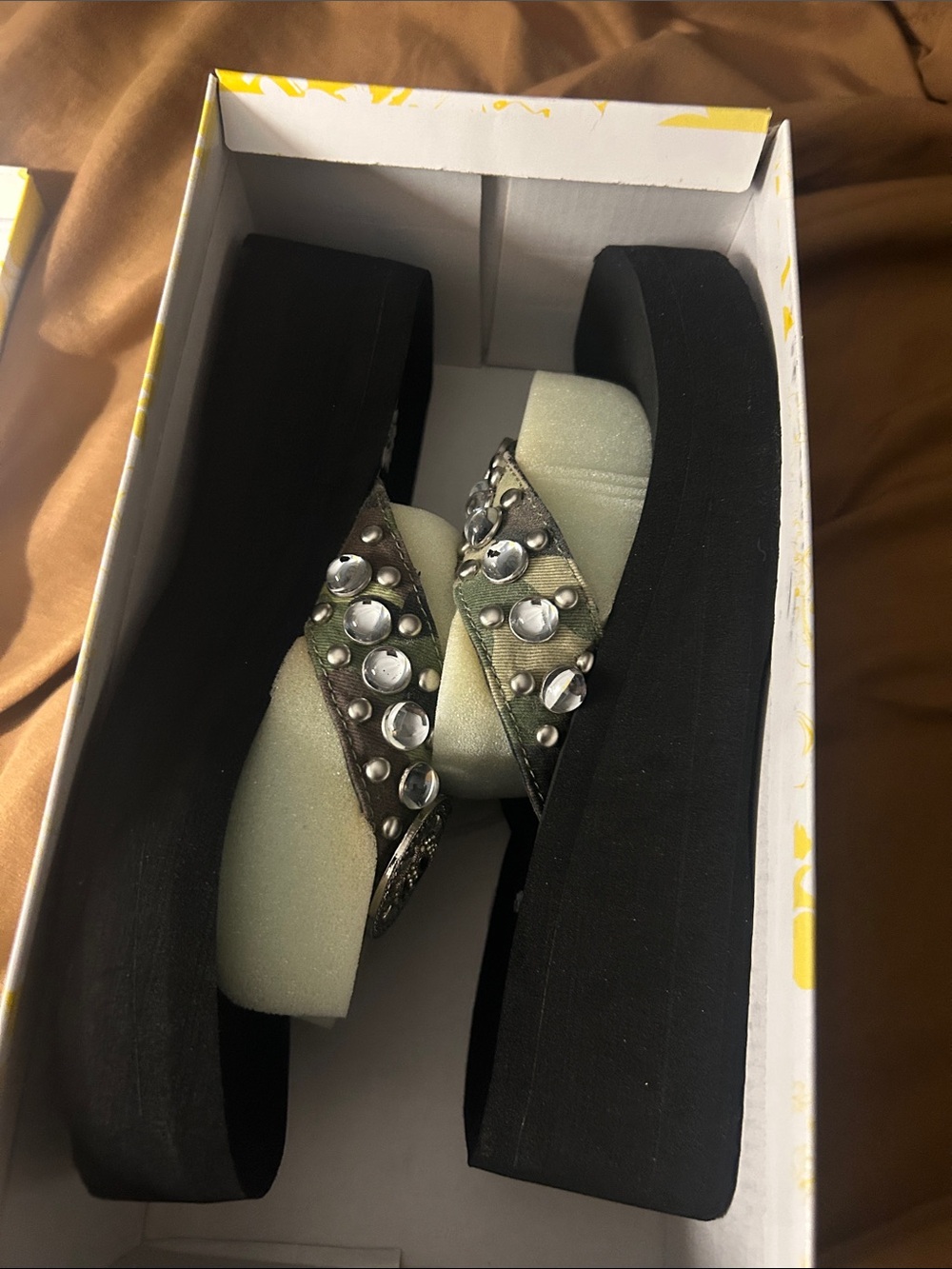 Yellow Box Black Platform Flip Flops with Pale Green Straps and Silver Studs